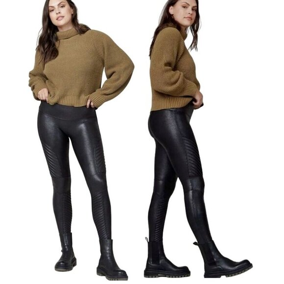 SPANX Pants - SPANX Women's Black Faux Leather High Waist Contoured Moto Leggings Size M/M
